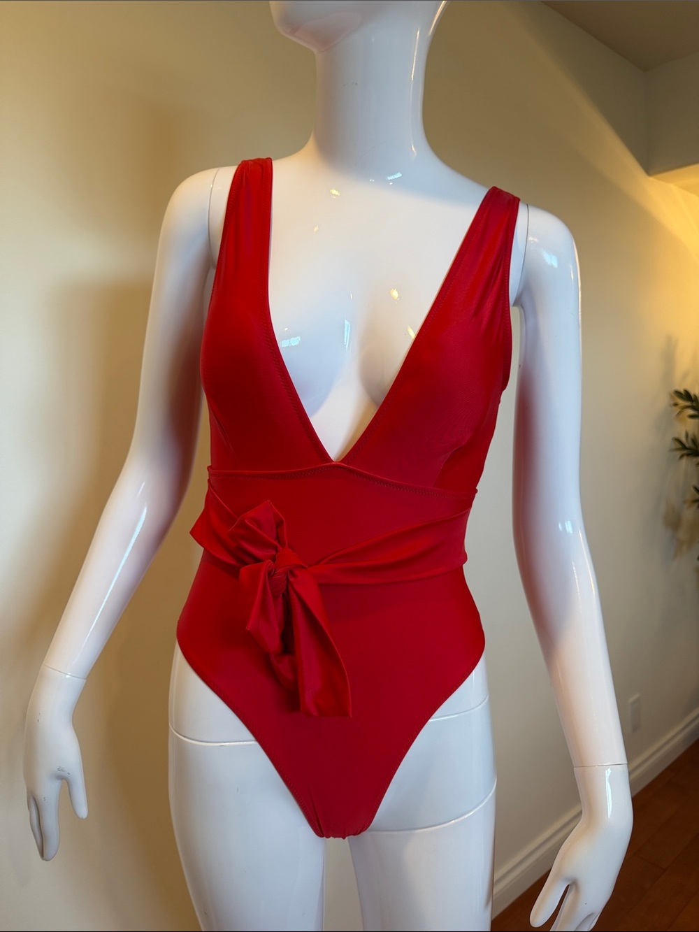 ReVamped Red Plunge Wrap Tie One Piece Swimsuit S